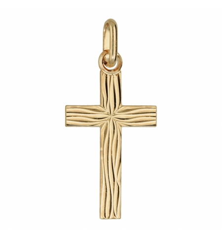 PENDENTIF MOYENNE CROIX PLAQUÉ OR "GRAVURE ASPECT BOIS"