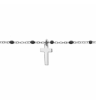 BRACELET ARGENT RHODIÉ BOULES RÉSINE NOIRES AVEC CROIX 15+3CM