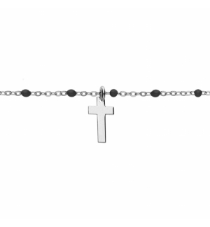 BRACELET ARGENT RHODIÉ BOULES RÉSINE NOIRES AVEC CROIX 15+3CM