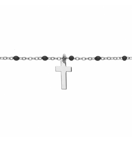 BRACELET ARGENT RHODIÉ BOULES RÉSINE NOIRES AVEC CROIX 15+3CM
