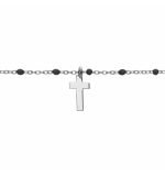 BRACELET ARGENT RHODIÉ BOULES RÉSINE NOIRES AVEC CROIX 15+3CM