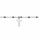 BRACELET ARGENT RHODIÉ BOULES RÉSINE NOIRES AVEC CROIX 15+3CM