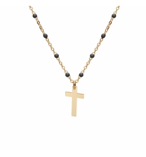 COLLIER OR ET DORURE JAUNE BOULES RÉSINE NOIRES AVEC CROIX 40+5CM