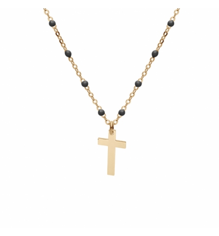 COLLIER OR ET DORURE JAUNE BOULES RÉSINE NOIRES AVEC CROIX 40+5CM