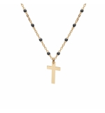 COLLIER OR ET DORURE JAUNE BOULES RÉSINE NOIRES AVEC CROIX 40+5CM