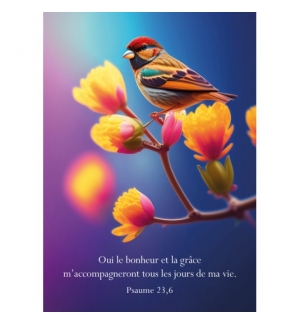 CARTE avec verset Oiseau coloré sur fleur orange