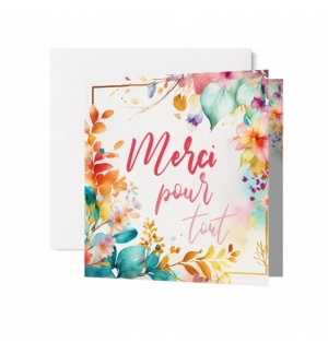 Carte double Merci avec motifs floraux colorés