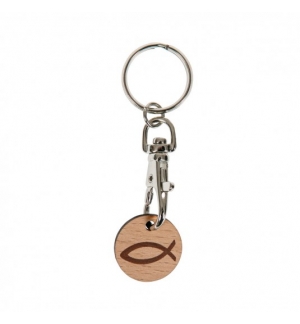 Porte clé en métal avec jeton Ichtus en bois naturel