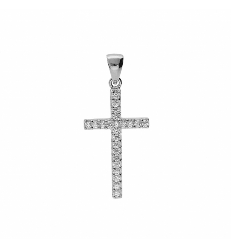 PENDENTIF ARGENT PLATINÉ CROIX AVEC OXYDES BLANCS 25 X 14MM