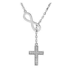 COLLIER ARGENT PLATINÉ INFINI ET CROIX OXYDES BLANCS SERTIS 41+3CM