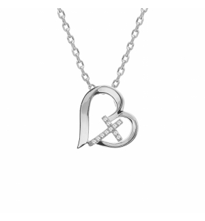 COLLIER ARGENT RHODIÉ PENDENTIF COEUR ET CROIX OXYDES BLANCS 42+3CM 