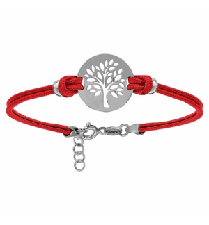 BRACELET ARGENT RHODIÉ CORDON DOUBLE ROUGE INTERCHANGEABLE RONDELLE GRAVURE ARBR