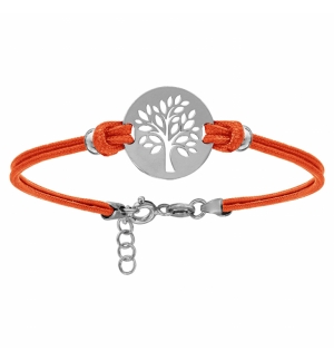 BRACELET ARGENT RHODIÉ CORDON DOUBLE ORANGE INTERCHANGEABLE RONDELLE GRAVURE ARB