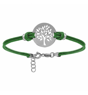 BRACELET ARGENT RHODIÉ CORDON DOUBLE VERT INTERCHANGEABLE RONDELLE GRAVURE ARBRE