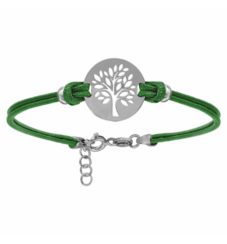 BRACELET ARGENT RHODIÉ CORDON DOUBLE VERT INTERCHANGEABLE RONDELLE GRAVURE ARBRE