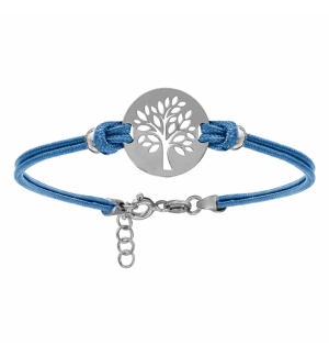 BRACELET ARGENT RHODIÉ CORDON DOUBLE BLEU CIEL INTERCHANGEABLE RONDELLE GRAVURE 