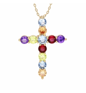 COLLIER PLAQUÉ OR PENDENTIF CROIX EMPIERÉ MULTICOLORE 40+5CM