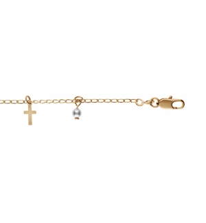 BRACELET PLAQUÉ OR PAMPILLES CROIX ET PERLES SYNTHETIQUE BLANCHE ET TRANSPARENTE