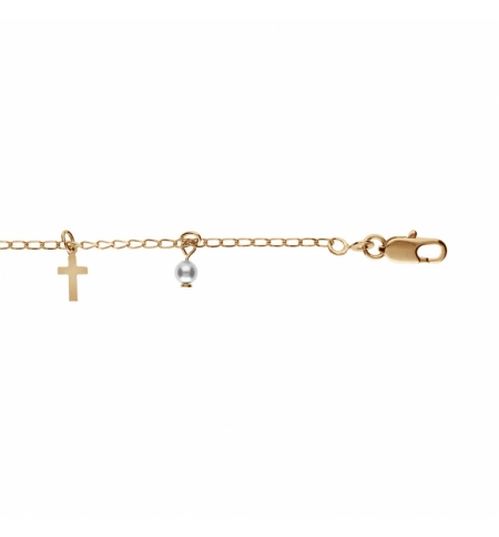 BRACELET PLAQUÉ OR PAMPILLES CROIX ET PERLES SYNTHETIQUE BLANCHE ET TRANSPARENTE