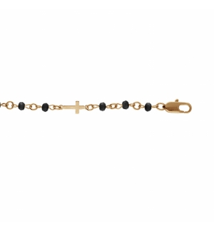 BRACELET PLAQUÉ OR CROIX ET PERLES SYNTHETIQUE NOIRES 16+3CM 