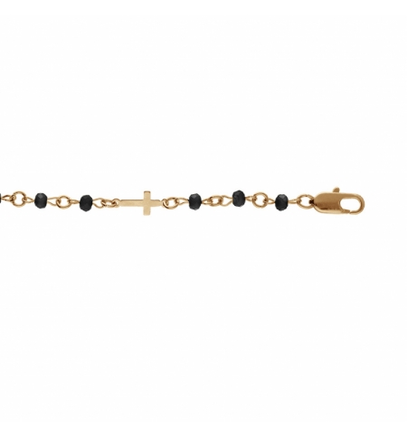 BRACELET PLAQUÉ OR CROIX ET PERLES SYNTHETIQUE NOIRES 16+3CM 
