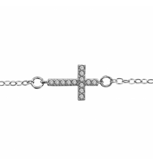 BRACELET ARGENT RHODIÉ MOTIF CROIX COUCHEE OXYDES BLANCS MICRO SERTIS 16+2CM 