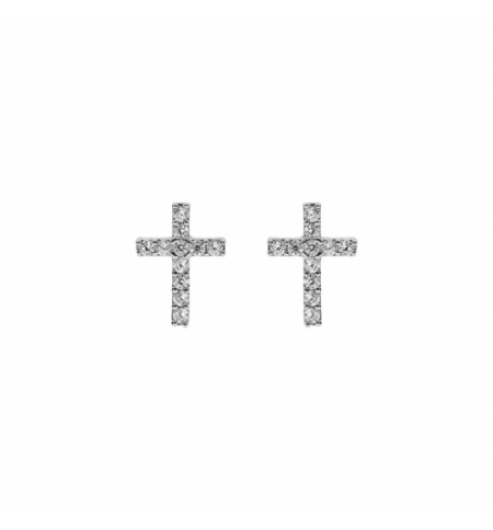 BOUCLES D'OREILLES TIGE ARGENT RHODIÉ CROIX OXYDES BLANCS SERTIS