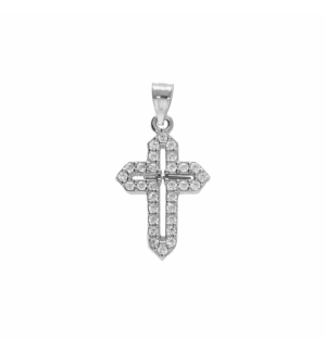 PENDENTIF ARGENT RHODIÉ CROIX 15X10MM OXYDES BLANCS SERTIS