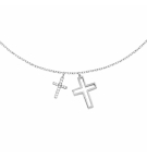 COLLIER ARGENT RHODIÉ DOUBLE CROIX LISSE AVEC PAVAGE OXYDES BLANCS 42+3CM