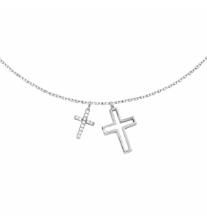 COLLIER ARGENT RHODIÉ DOUBLE CROIX LISSE AVEC PAVAGE OXYDES BLANCS 42+3CM