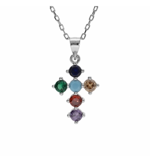 COLLIER ARGENT RHODIÉ PENDENTIF CROIX 15X10MM OXYDES MULTI COULEURS SERTIS 40+5C