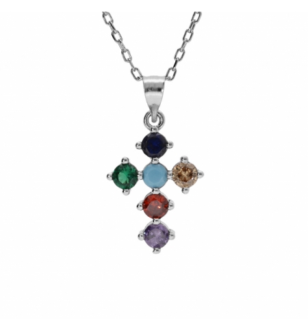 COLLIER ARGENT RHODIÉ PENDENTIF CROIX 15X10MM OXYDES MULTI COULEURS SERTIS 40+5C