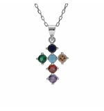 COLLIER ARGENT RHODIÉ PENDENTIF CROIX 15X10MM OXYDES MULTI COULEURS SERTIS 40+5C