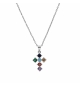 COLLIER ARGENT RHODIÉ PENDENTIF CROIX 15X10MM OXYDES MULTI COULEURS SERTIS 40+5C