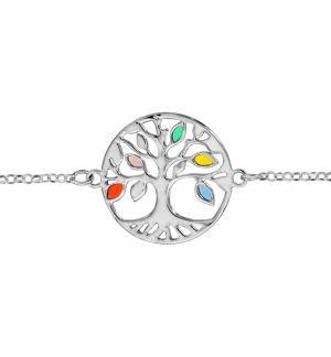 BRACELET ARGENT RHODIÉ ARBRE DE VIE RÉSINE MULTI COULEURS 16+3CM