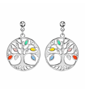 BOUCLES D'OREILLES TIGE ARGENT RHODIÉ PENDANT ARBRE DE VIE RÉSINE MULTI COULEURS