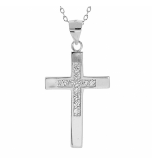 COLLIER ARGENT RHODIÉ PENDENTIF CROIX OXYDES BLANCS 40+2+2CM 