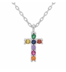 COLLIER ARGENT RHODIÉ PENDENTIF CROIX PIERRES SYNTHETIQUE MULTI COULEURS 44CM RE