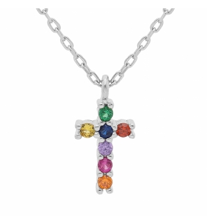 COLLIER ARGENT RHODIÉ PENDENTIF CROIX PIERRES SYNTHETIQUE MULTI COULEURS 44CM RE