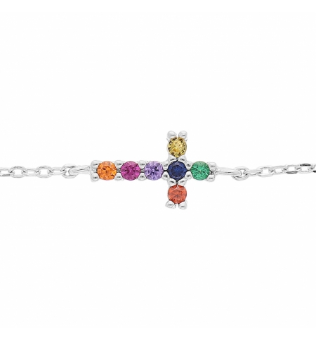 BRACELET ARGENT RHODIÉ CROIX PIERRES SYNTHETIQUE MULTI COULEURS 16+3CM 