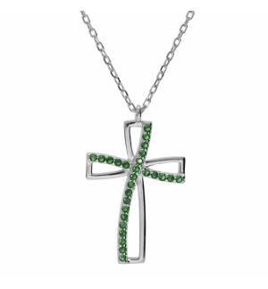 COLLIER ARGENT RHODIÉ PENDENTIF CROIX OXYDE VERT SERTI 40+5CM 