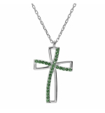 COLLIER ARGENT RHODIÉ PENDENTIF CROIX OXYDE VERT SERTI 40+5CM 