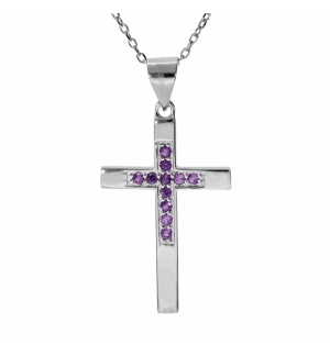 COLLIER ARGENT RHODIÉ PENDENTIF CROIX OXYDES VIOLET 40+4CM 