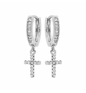 CRÉOLES ARGENT RHODIÉ ARTICULEE AVEC PAMPILLE CROIX OXYDES BLANCS SERTIS