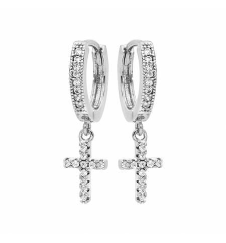 CRÉOLES ARGENT RHODIÉ ARTICULEE AVEC PAMPILLE CROIX OXYDES BLANCS SERTIS