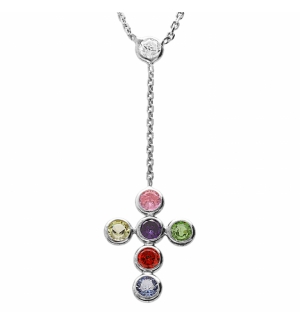 COLLIER ARGENT RHODIÉ PENDENTIF CROIX MULTI COULEUR 38+5CM