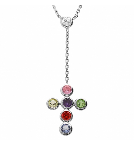 COLLIER ARGENT RHODIÉ PENDENTIF CROIX MULTI COULEUR 38+5CM