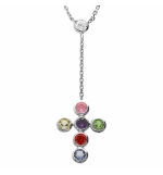 COLLIER ARGENT RHODIÉ PENDENTIF CROIX MULTI COULEUR 38+5CM