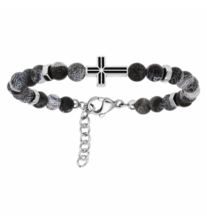 BRACELET ACIER BOULES AGATE GRISE AVEC CROIX 19+2CM