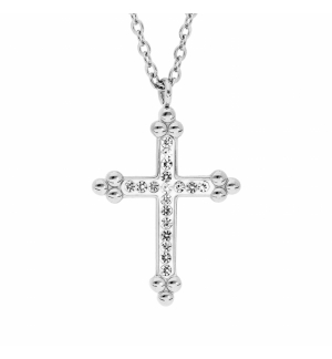 COLLIER ACIER CROIX RÉSINE BLANCHE ET PIERRES BLANCHES SYNTHETIQUE 45+5CM
